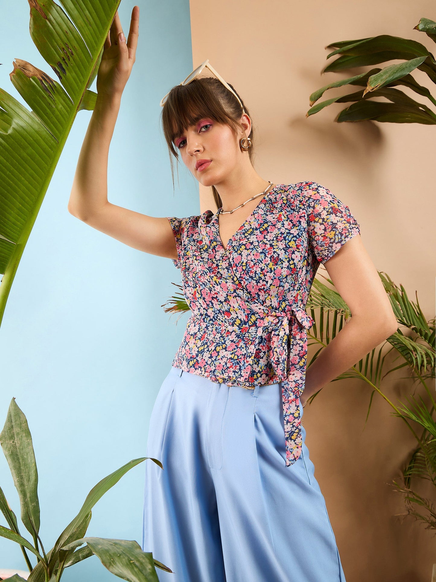 Navy Ditsy Floral Wrap Top