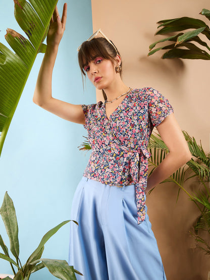 Navy Ditsy Floral Wrap Top