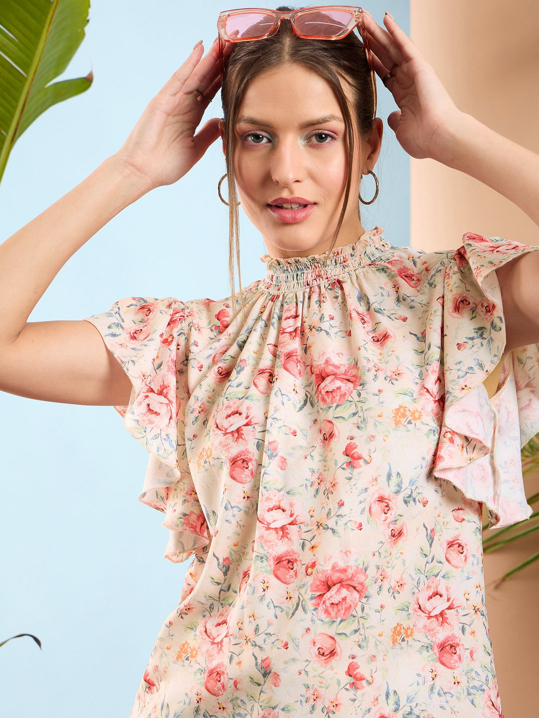 Women Cream Floral Smocked Neck Regular Top