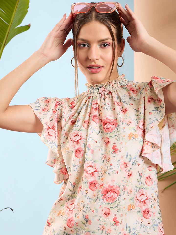 Women Cream Floral Smocked Neck Regular Top
