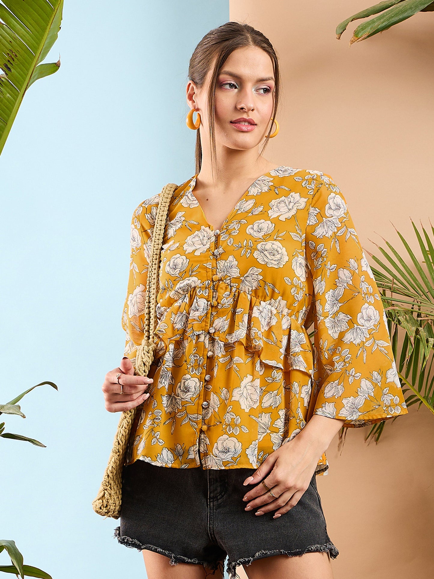 Yellow Floral Front Button Frill Peplum Top