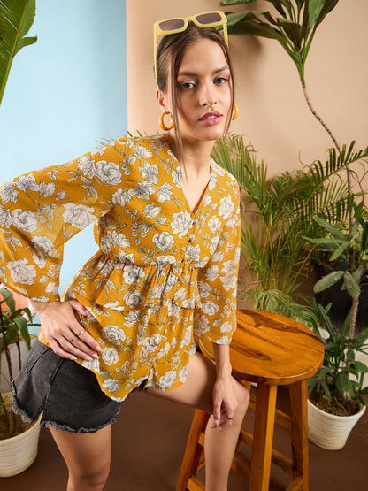 Yellow Floral Front Button Frill Peplum Top