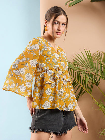 Yellow Floral Front Button Frill Peplum Top
