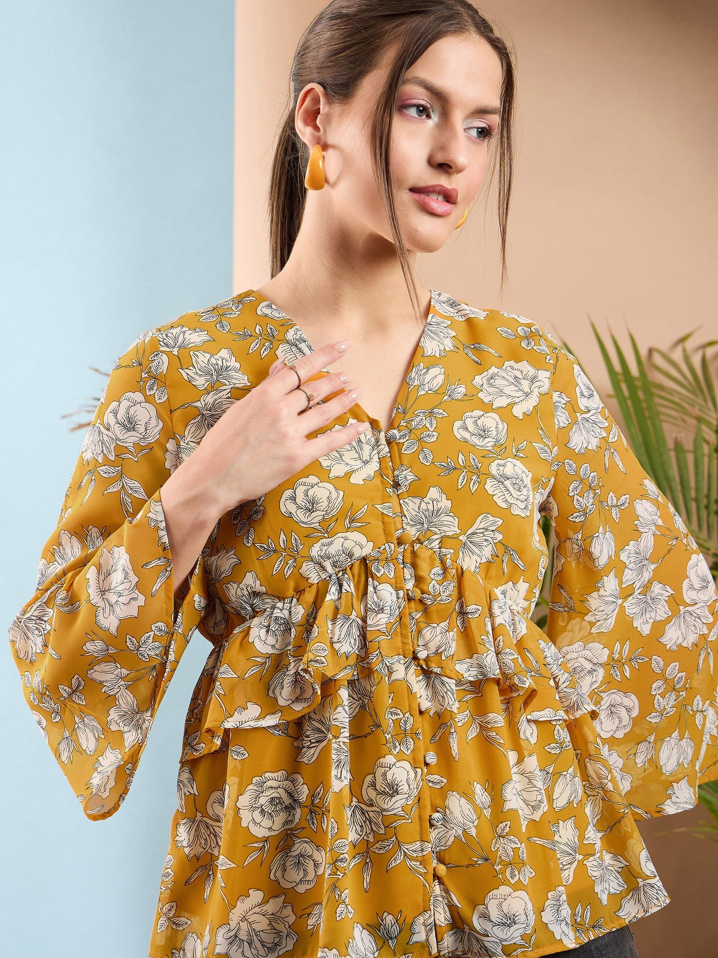 Yellow Floral Front Button Frill Peplum Top