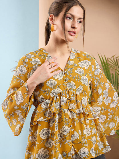 Yellow Floral Front Button Frill Peplum Top