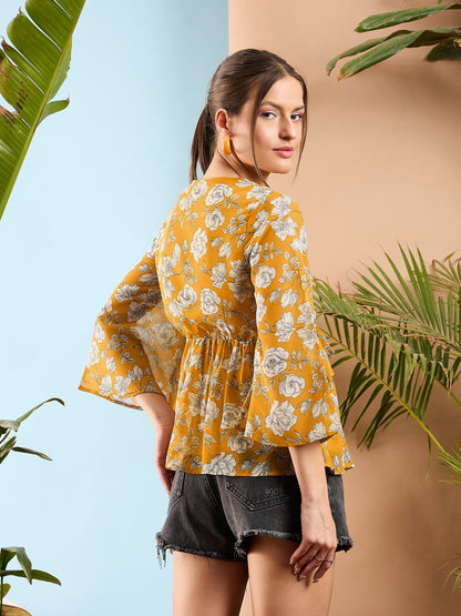 Yellow Floral Front Button Frill Peplum Top