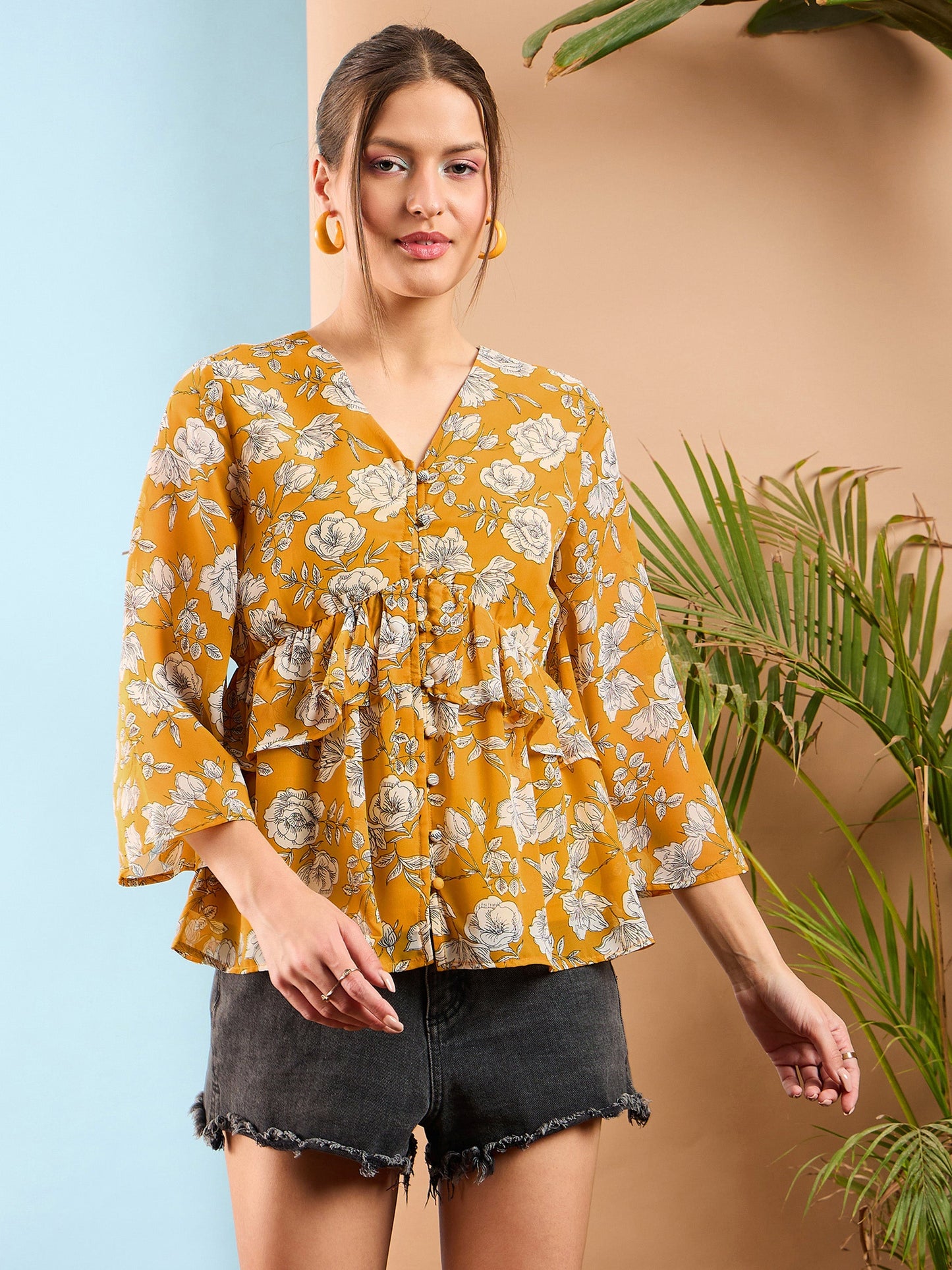 Yellow Floral Front Button Frill Peplum Top