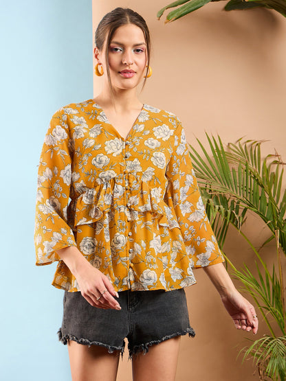 Yellow Floral Front Button Frill Peplum Top