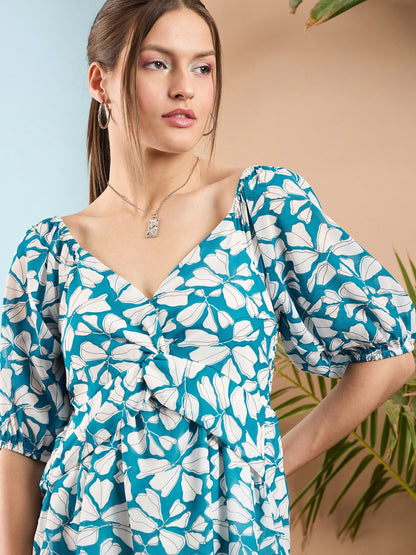 Blue Floral Front Twisted Peplum Top