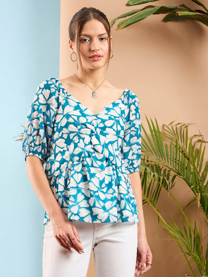 Blue Floral Front Twisted Peplum Top