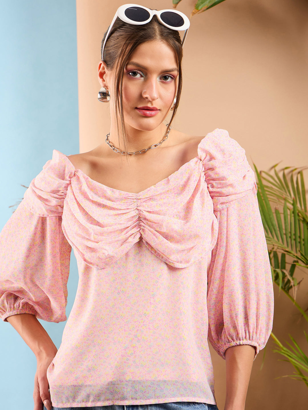 Women Pink Ditsy Floral Ruched Cowl Neck Top