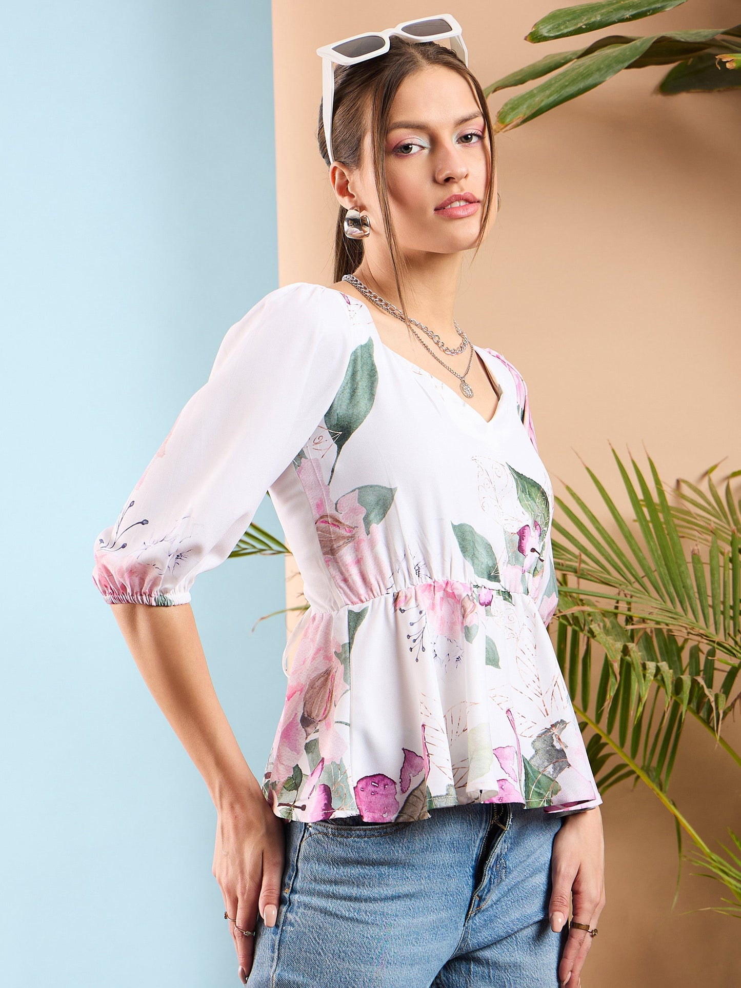 White Floral Criss Cross Back Peplum Top