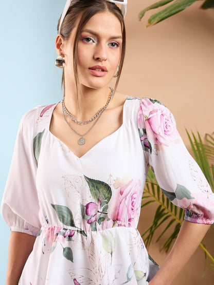 White Floral Criss Cross Back Peplum Top