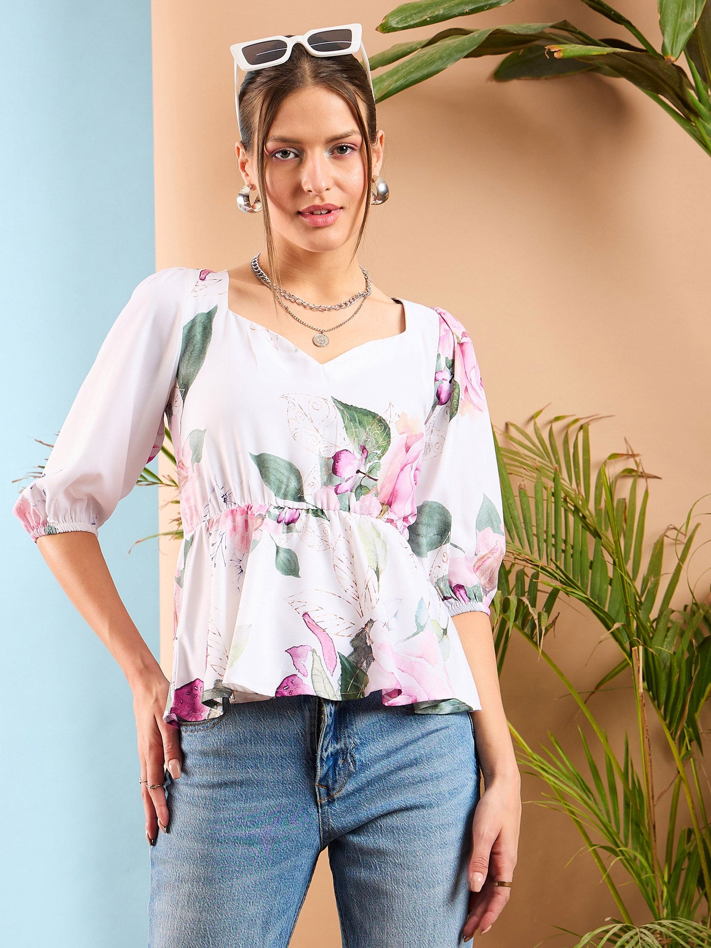 White Floral Criss Cross Back Peplum Top