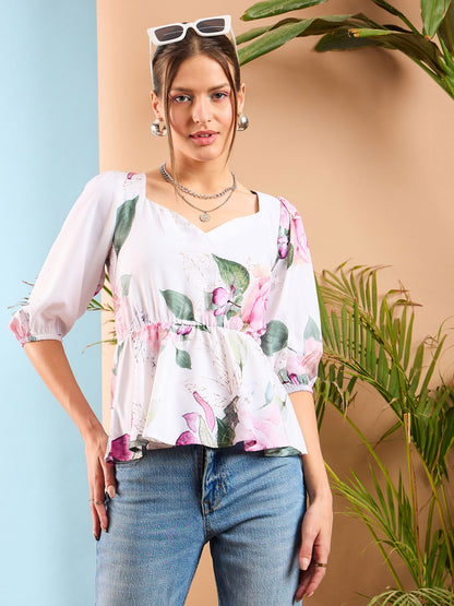 White Floral Criss Cross Back Peplum Top