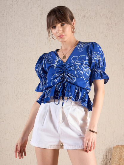 Royal Blue Floral Front Ruched Top