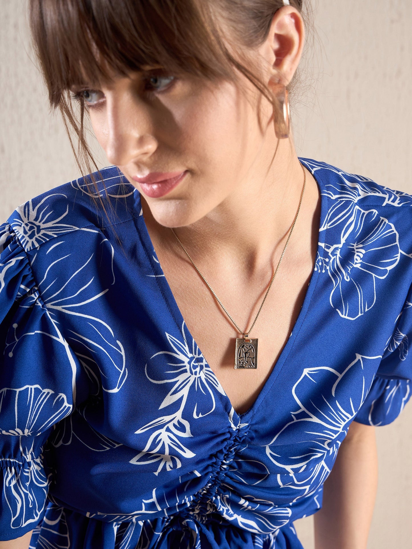 Royal Blue Floral Front Ruched Top