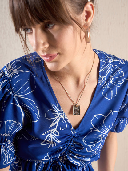 Royal Blue Floral Front Ruched Top