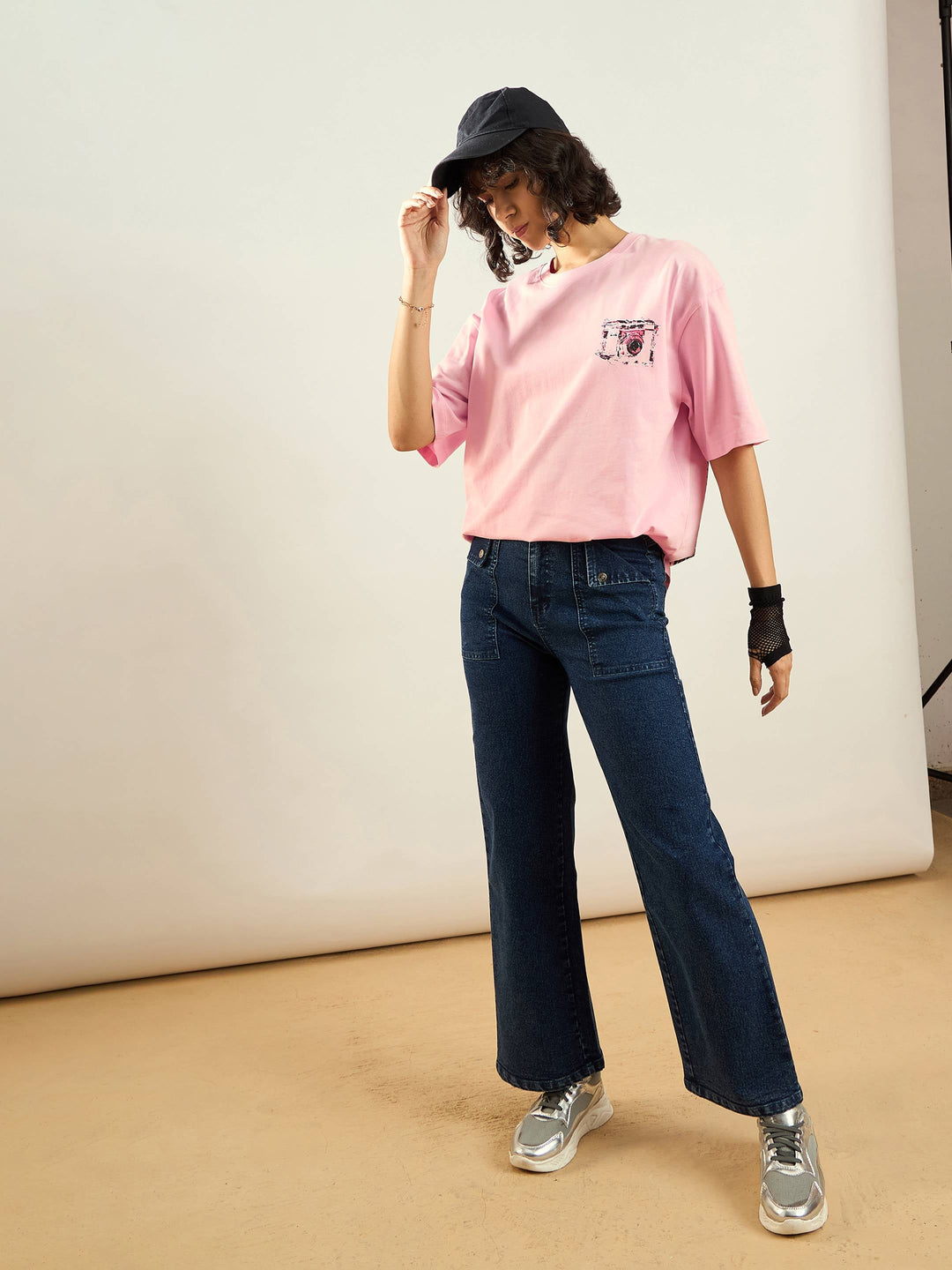 Women Pink Camera Printed Oversize T-shirt