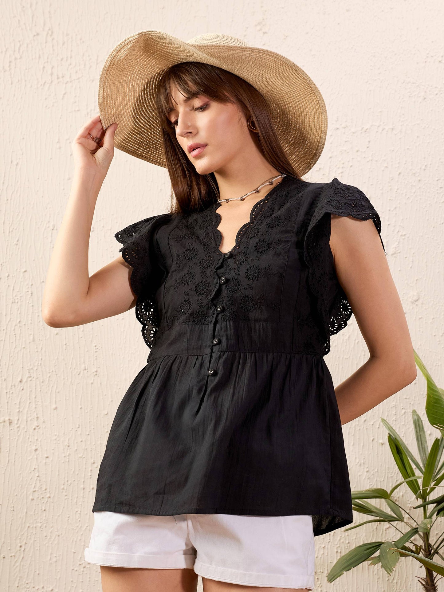 Women Black Schiffli V-Neck Peplum Top