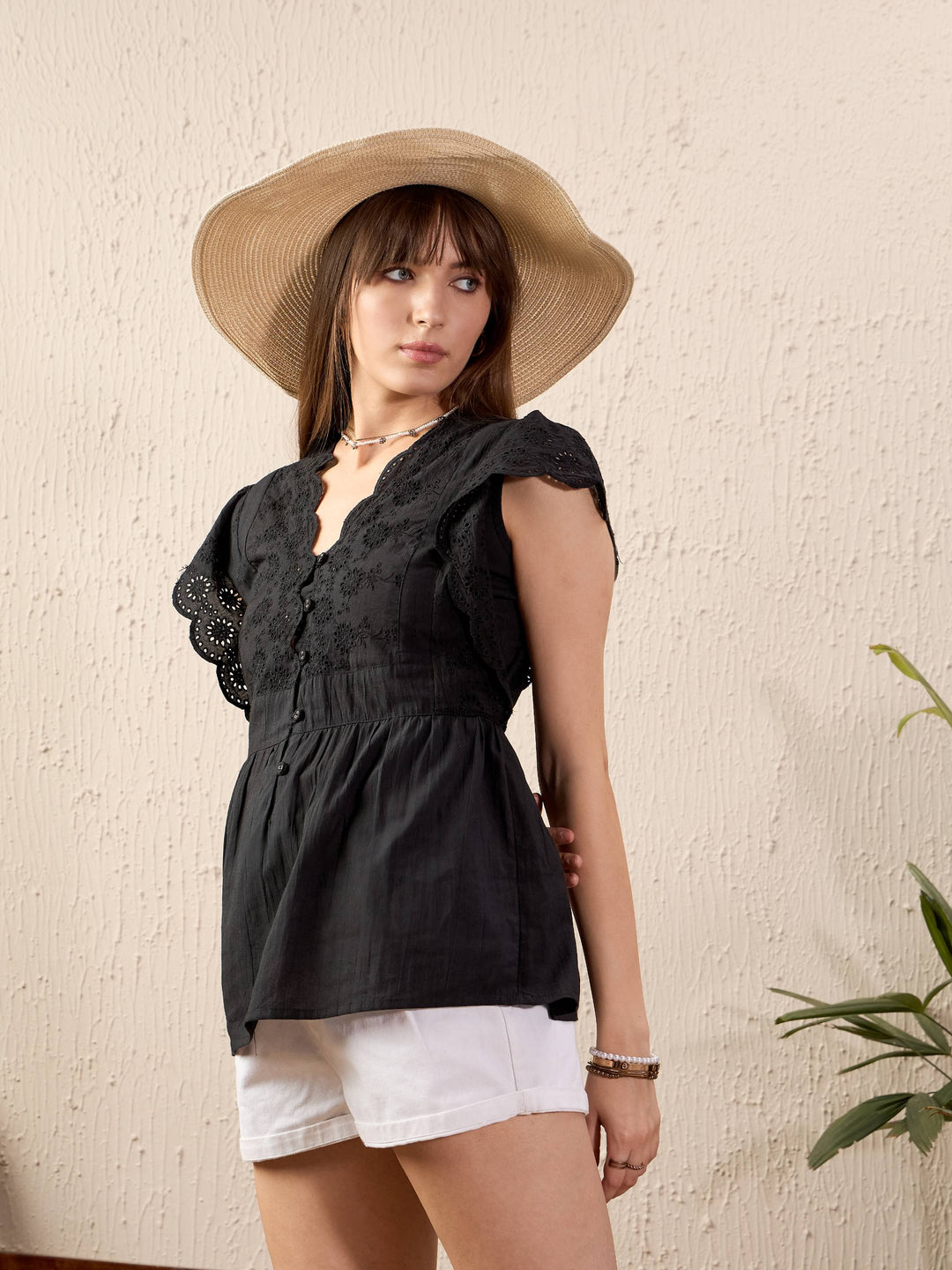 Women Black Schiffli V-Neck Peplum Top