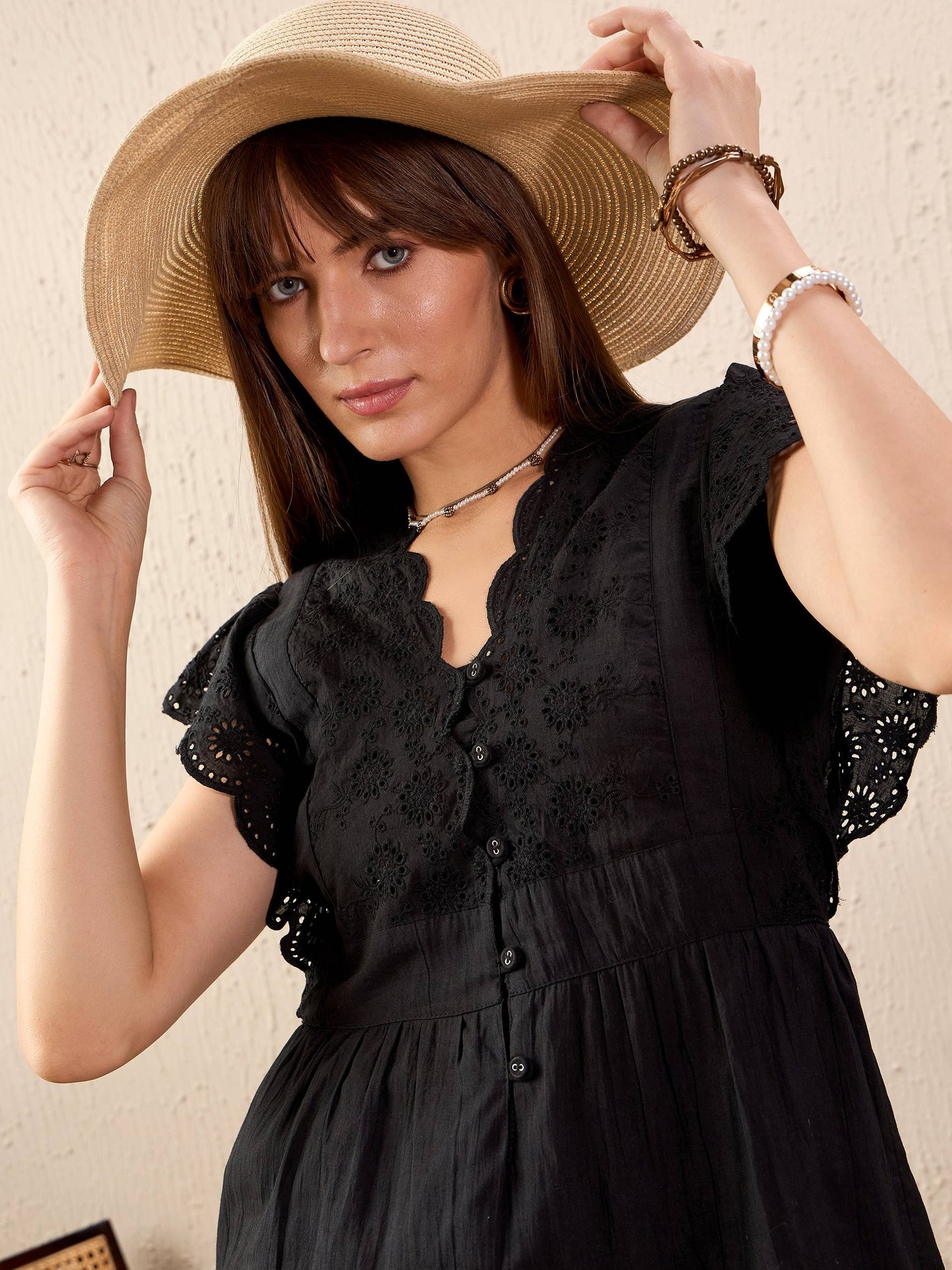 Women Black Schiffli V-Neck Peplum Top