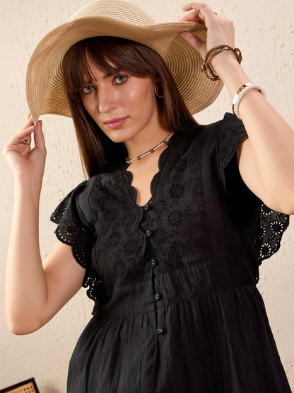 Women Black Schiffli V-Neck Peplum Top