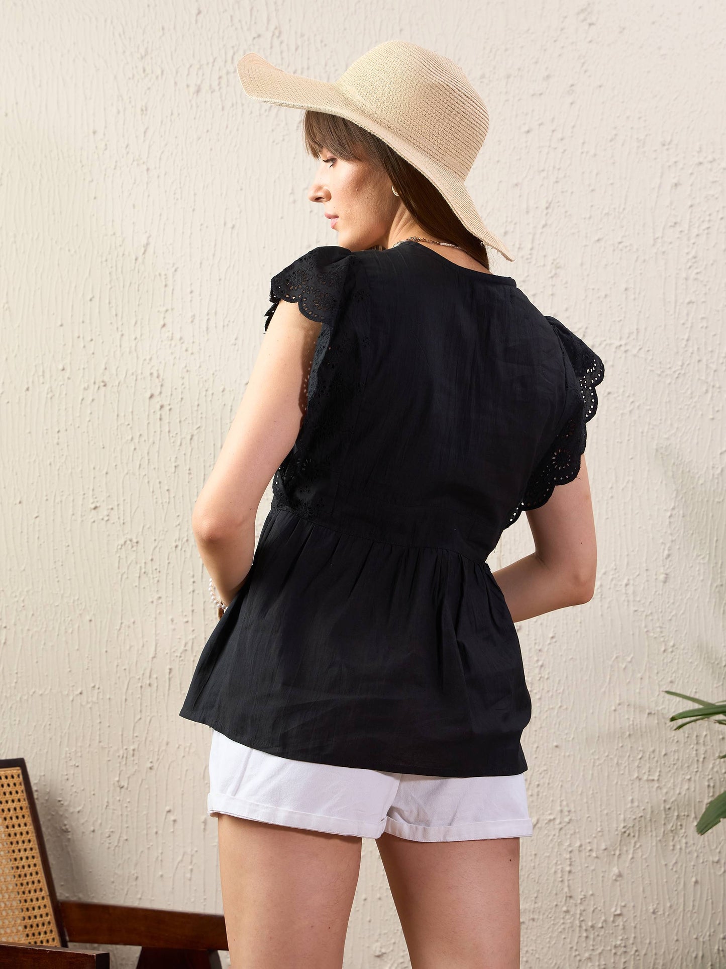 Women Black Schiffli V-Neck Peplum Top