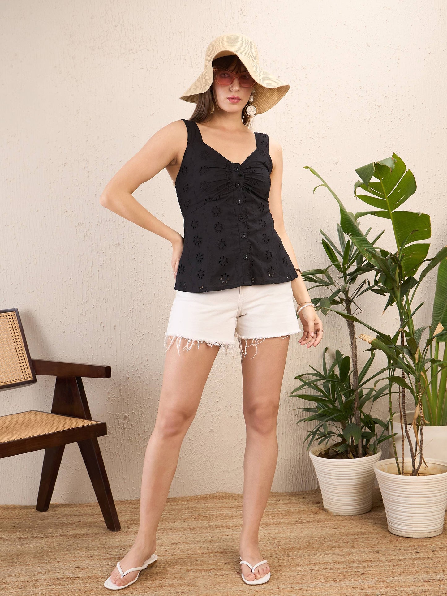 Black Schiffli Front Button Top