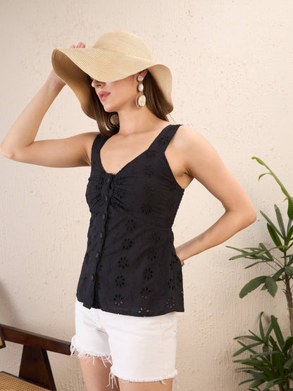 Black Schiffli Front Button Top