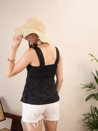 Black Schiffli Front Button Top