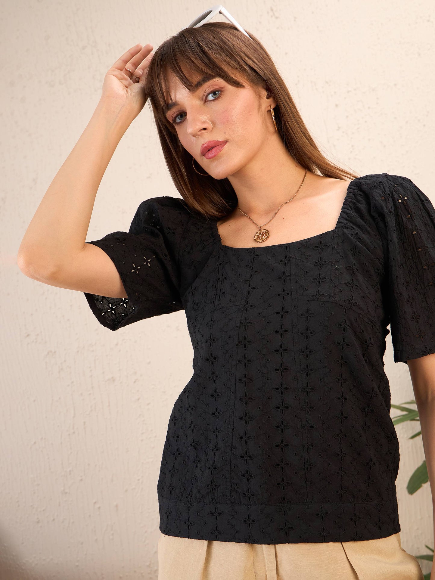 Women Black Schiffli Square Neck Smocked Top