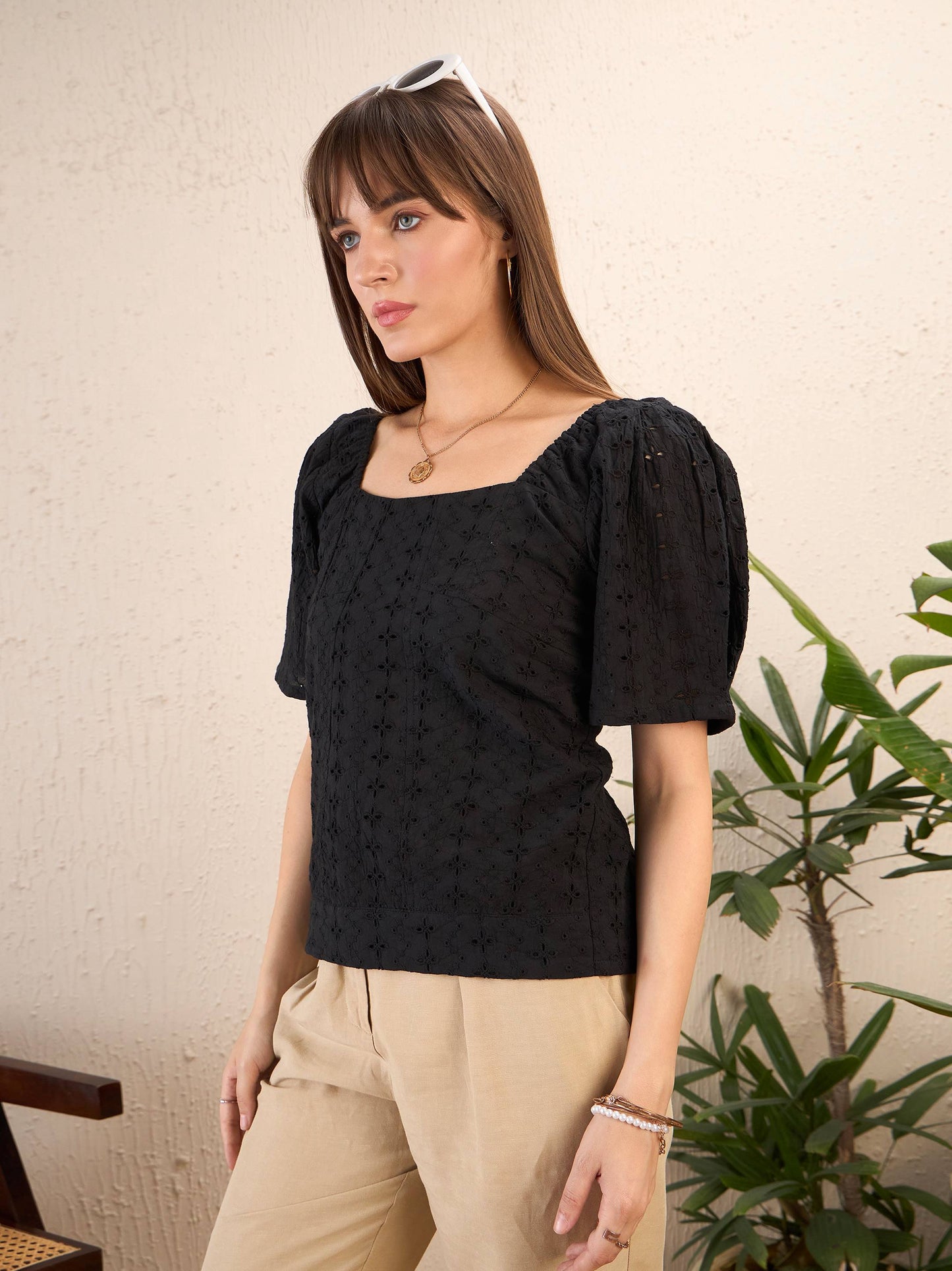Women Black Schiffli Square Neck Smocked Top