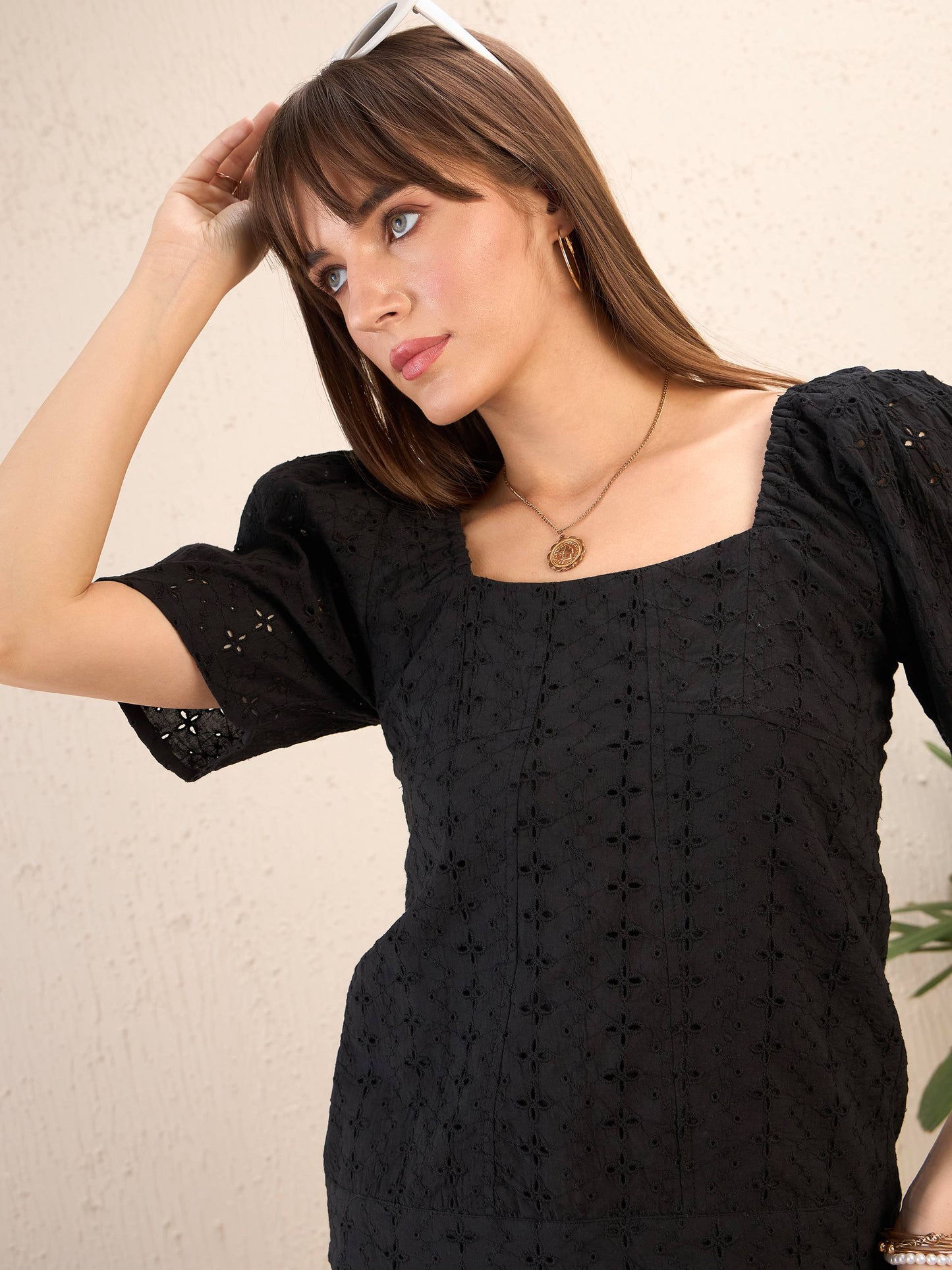 Women Black Schiffli Square Neck Smocked Top