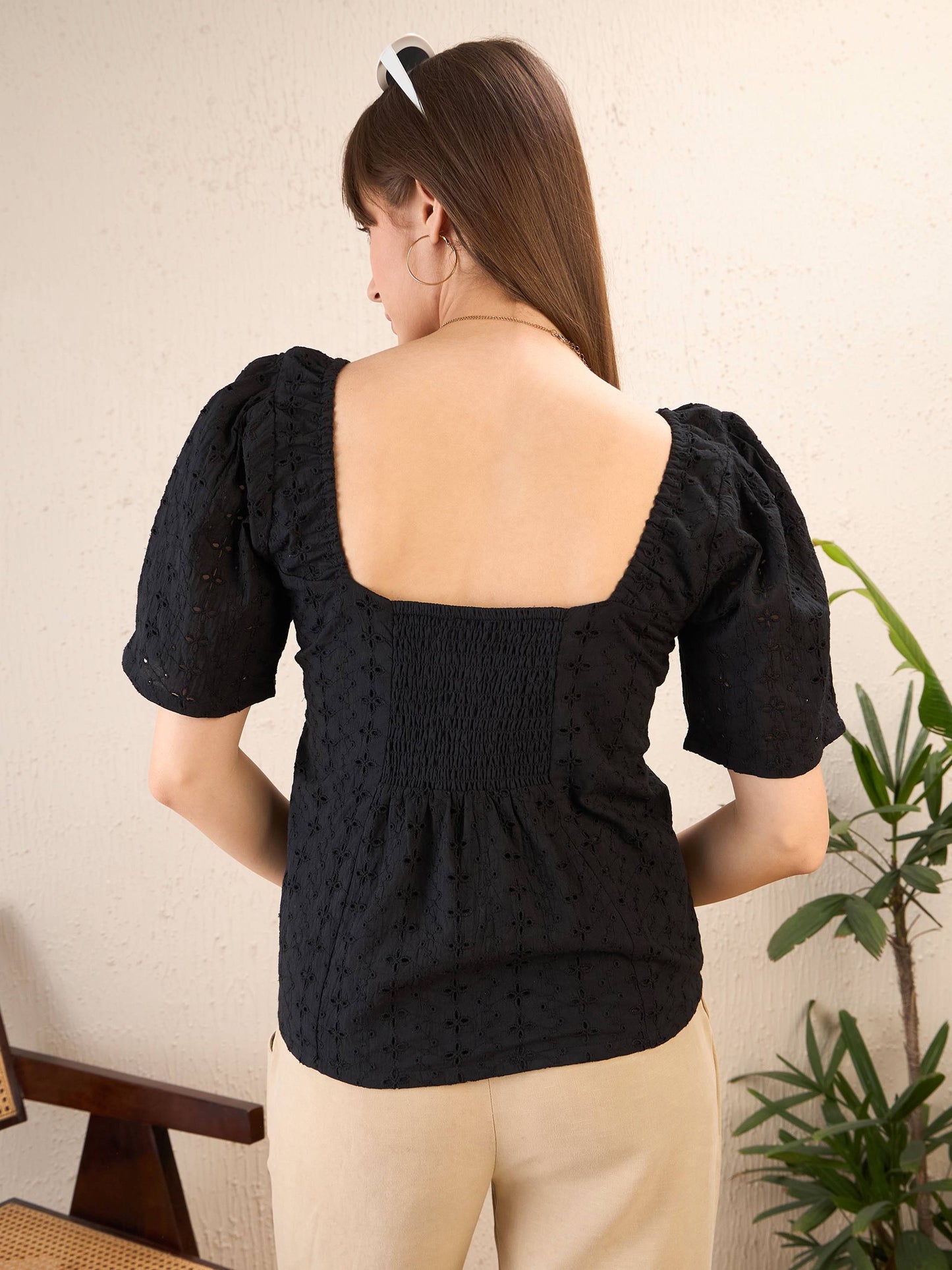 Women Black Schiffli Square Neck Smocked Top