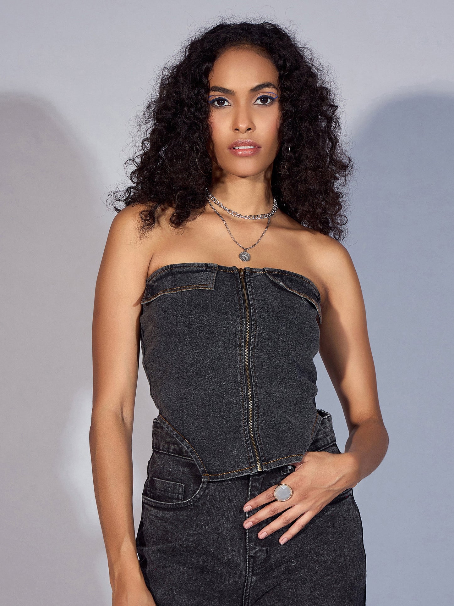 Black Denim Zipper Tube Top