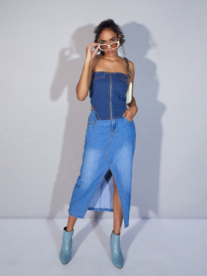 Blue Denim Zipper Tube Top