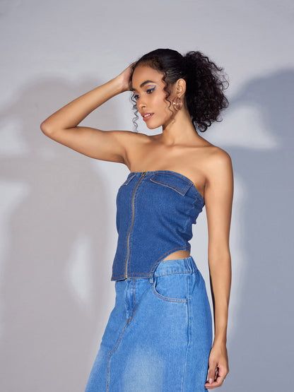 Blue Denim Zipper Tube Top