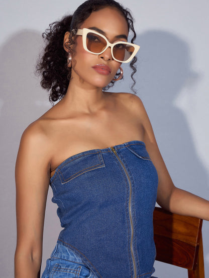 Blue Denim Zipper Tube Top