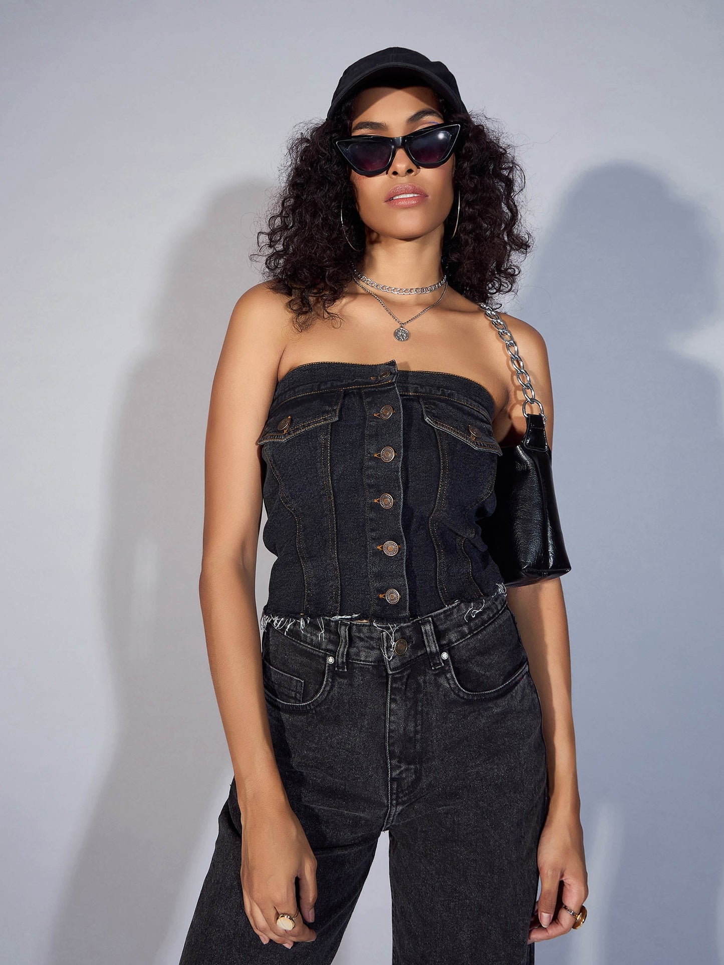 Black Denim Tube Crop Top