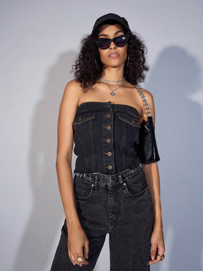 Black Denim Tube Crop Top