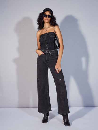 Black Denim Tube Crop Top