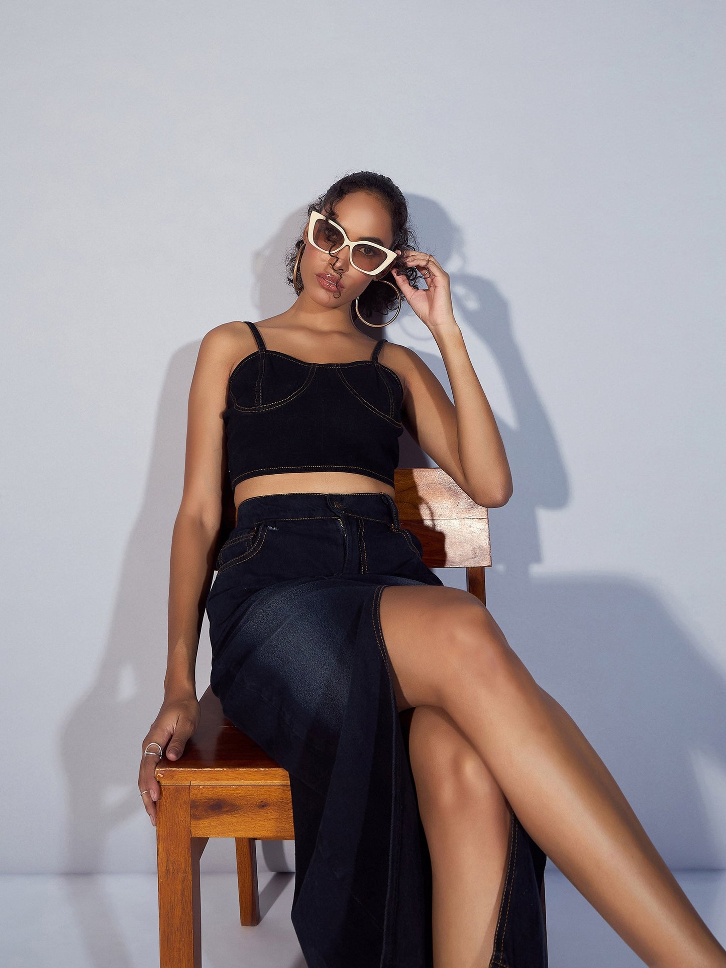Black Denim Strappy Crop Top