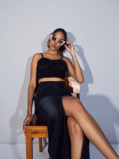 Black Denim Strappy Crop Top