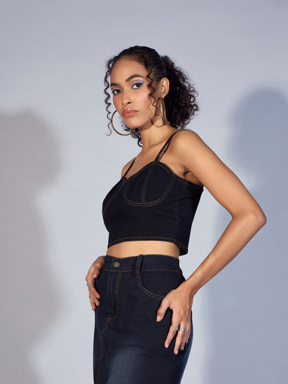 Black Denim Strappy Crop Top