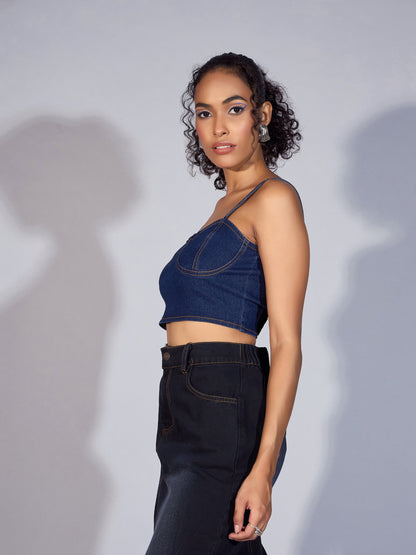 Blue Denim Strappy Crop Top