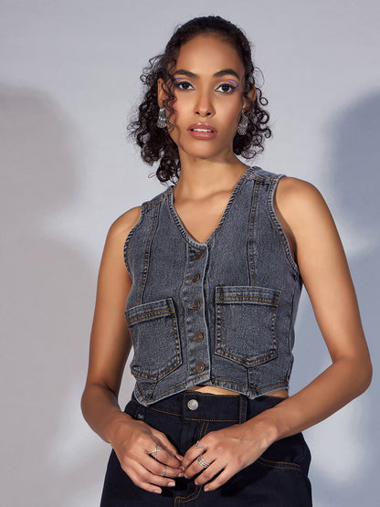 Black Denim Waistcoat Top