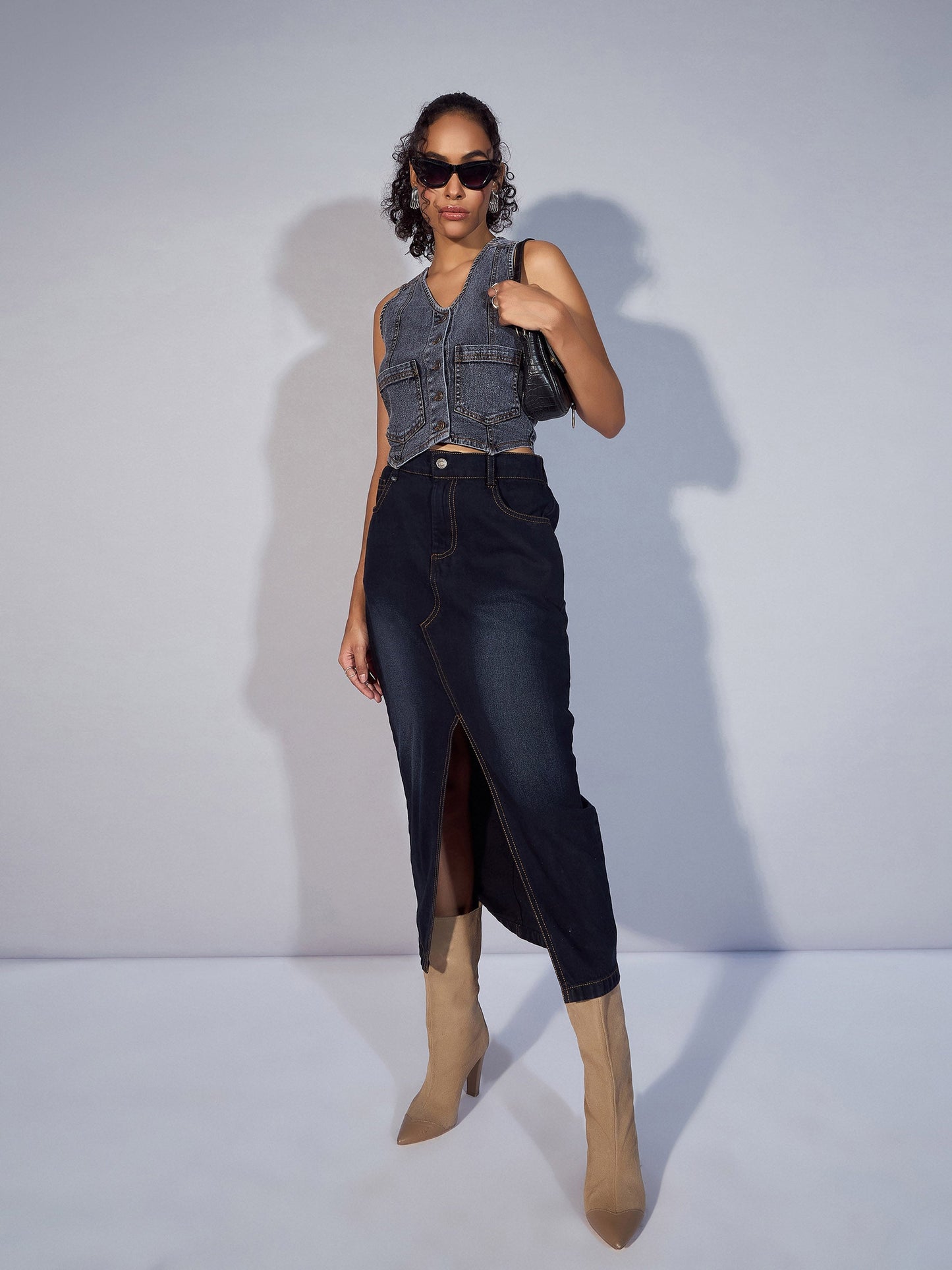 Black Denim Waistcoat Top