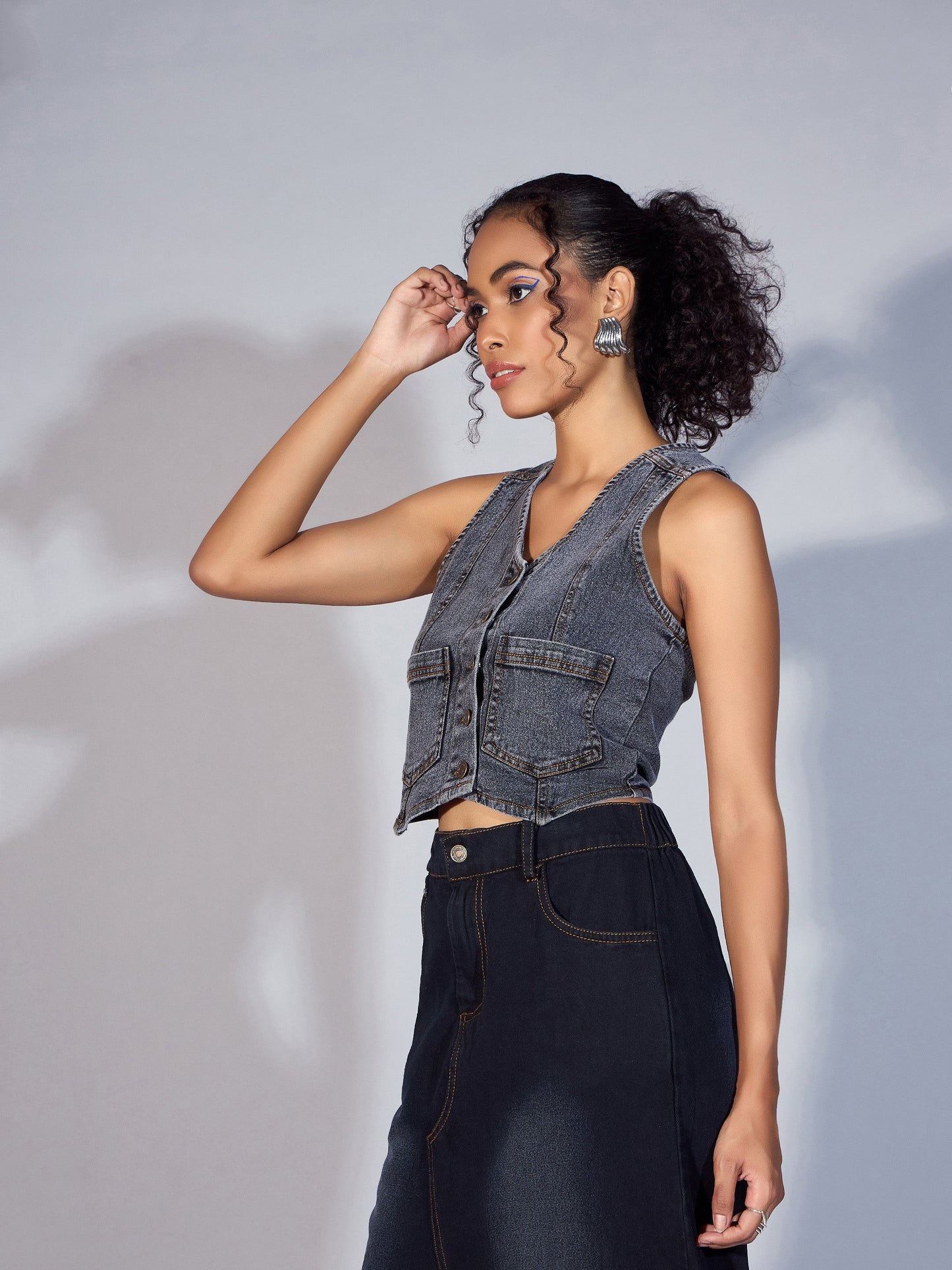 Black Denim Waistcoat Top
