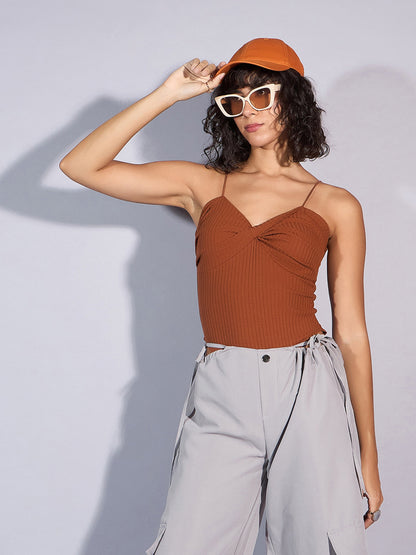 Brown Rib Front Twist Bodysuit